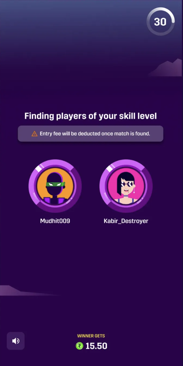 MPL matchmaking screen reading 'Finding players of your skill level' with a 30-second timer, a warning that the entry fee will be deducted once a match is found, two player avatars, and 'Winner gets ₹15.50'