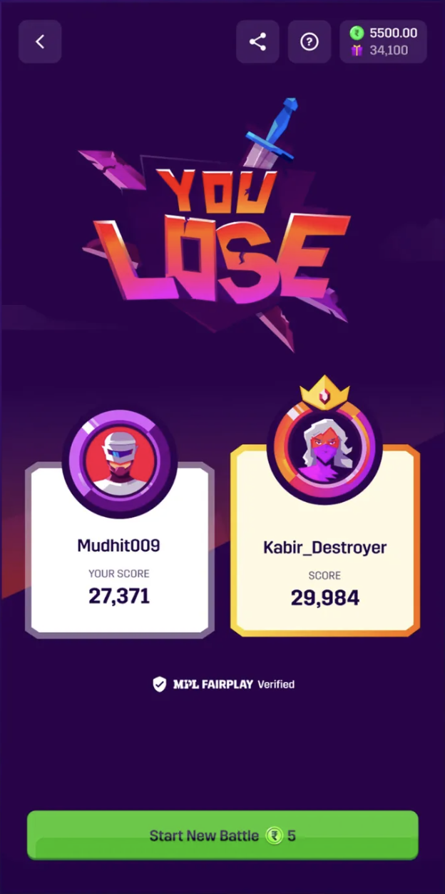 MPL 'You Lose' result screen comparing the player's score of 27,371 against the winner's 29,984, with an MPL Fairplay Verified badge and a 'Start New Battle ₹5' button, but no clear statement of winnings