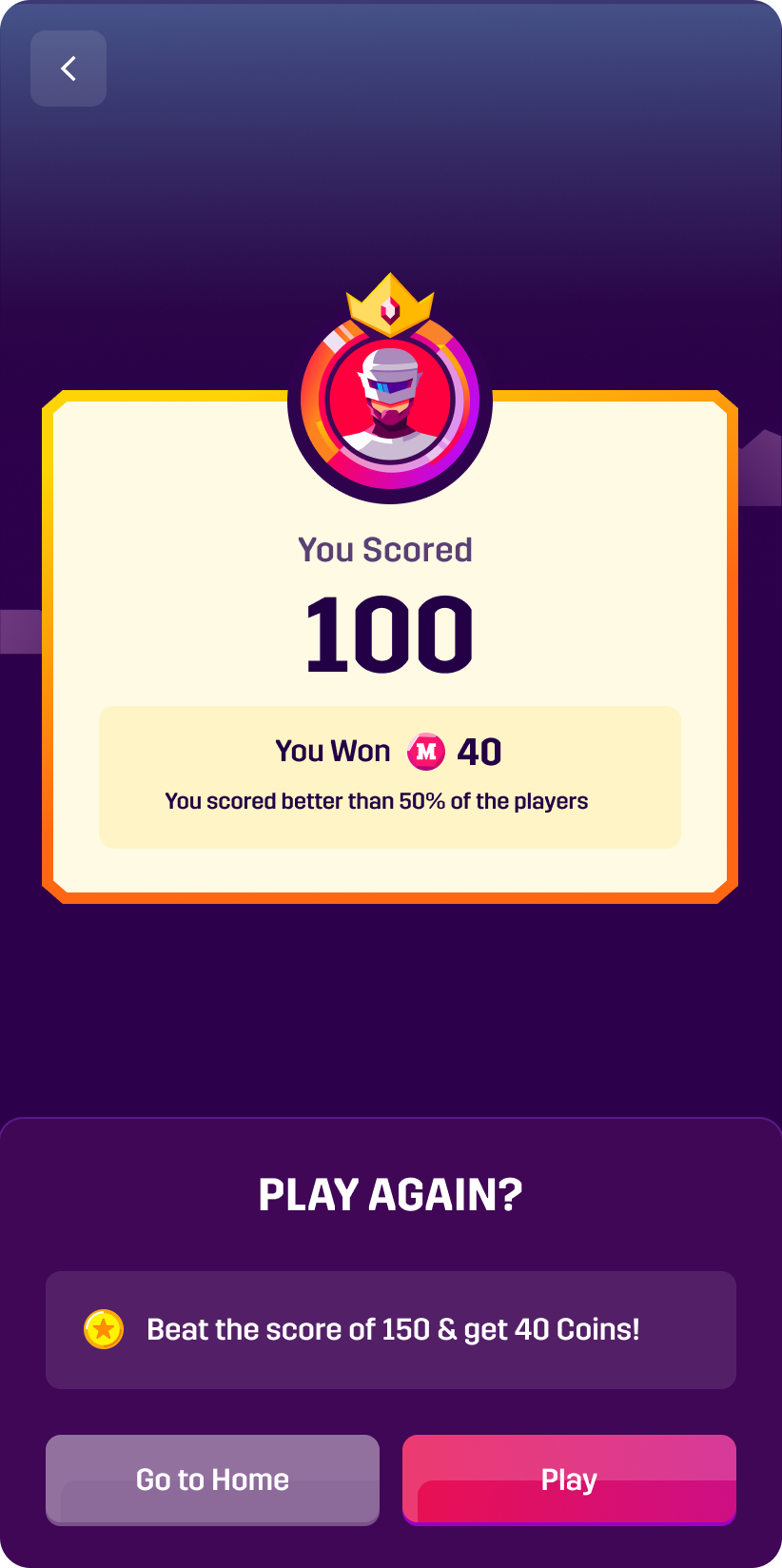 Game result screen showing the user's score