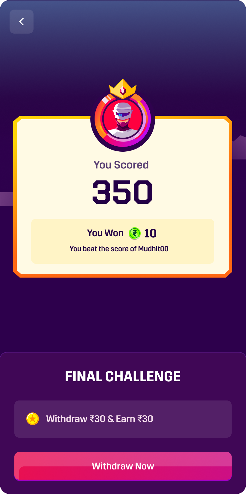 Withdraw winnings to bank account screen