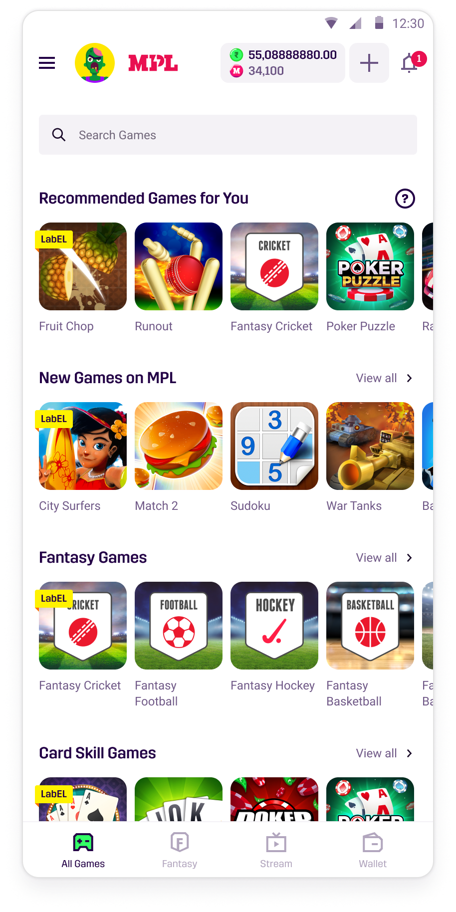 MPL homepage before the redesign, showing a search bar followed by endless game carousels—Recommended Games for You, New Games on MPL, Fantasy Games, and Card Skill Games—with no clear starting point