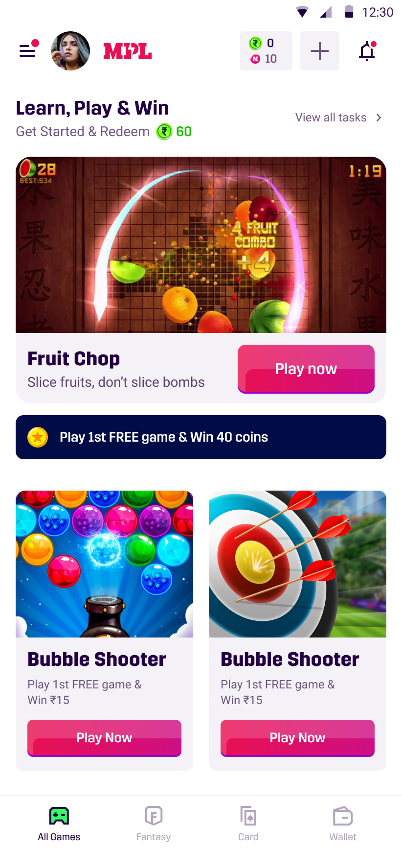 Newer MPL homepage surfacing Must Try, Recommended, and Popular game rows
